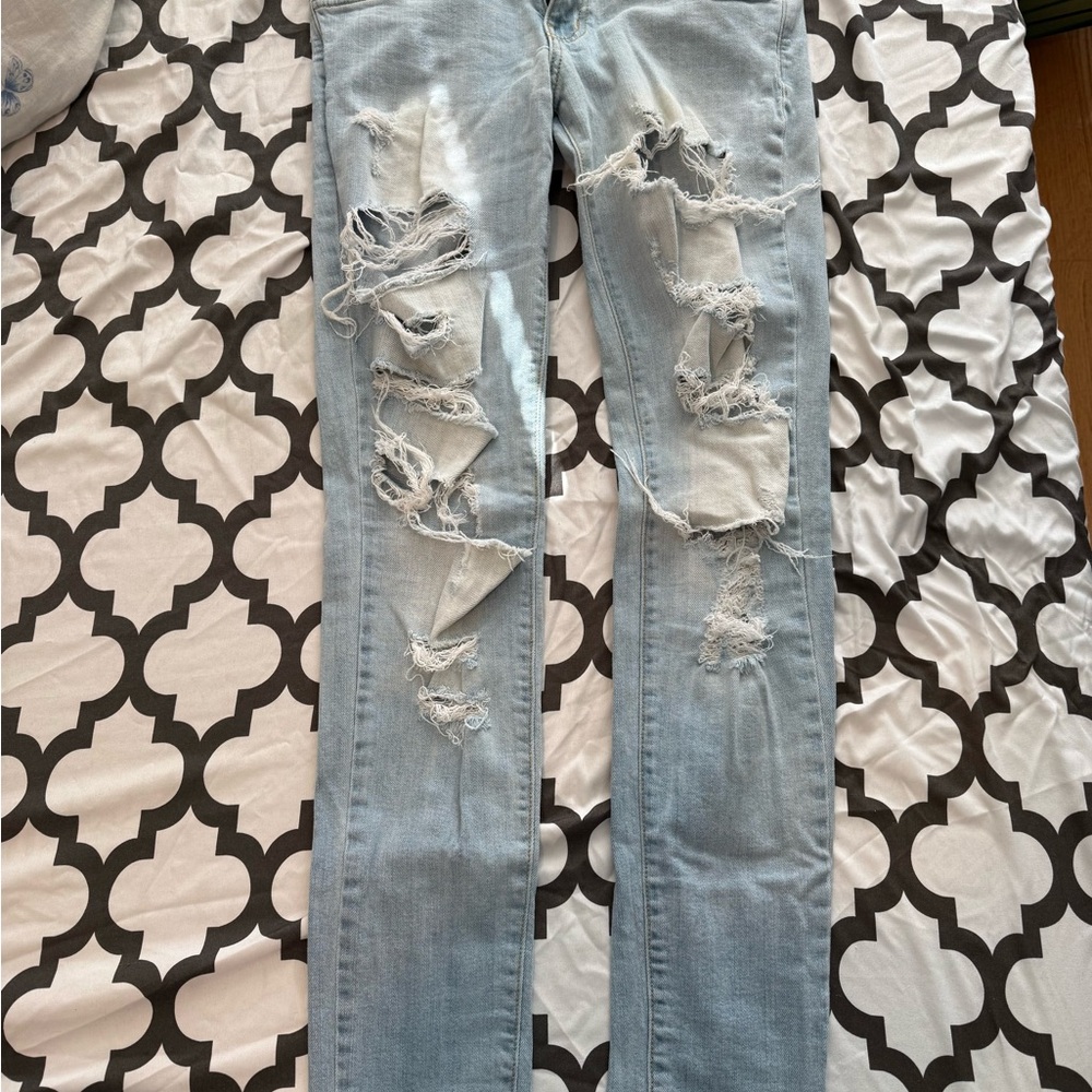 Kancan Distressed Blue Skinny Jeans with Frayed Edges